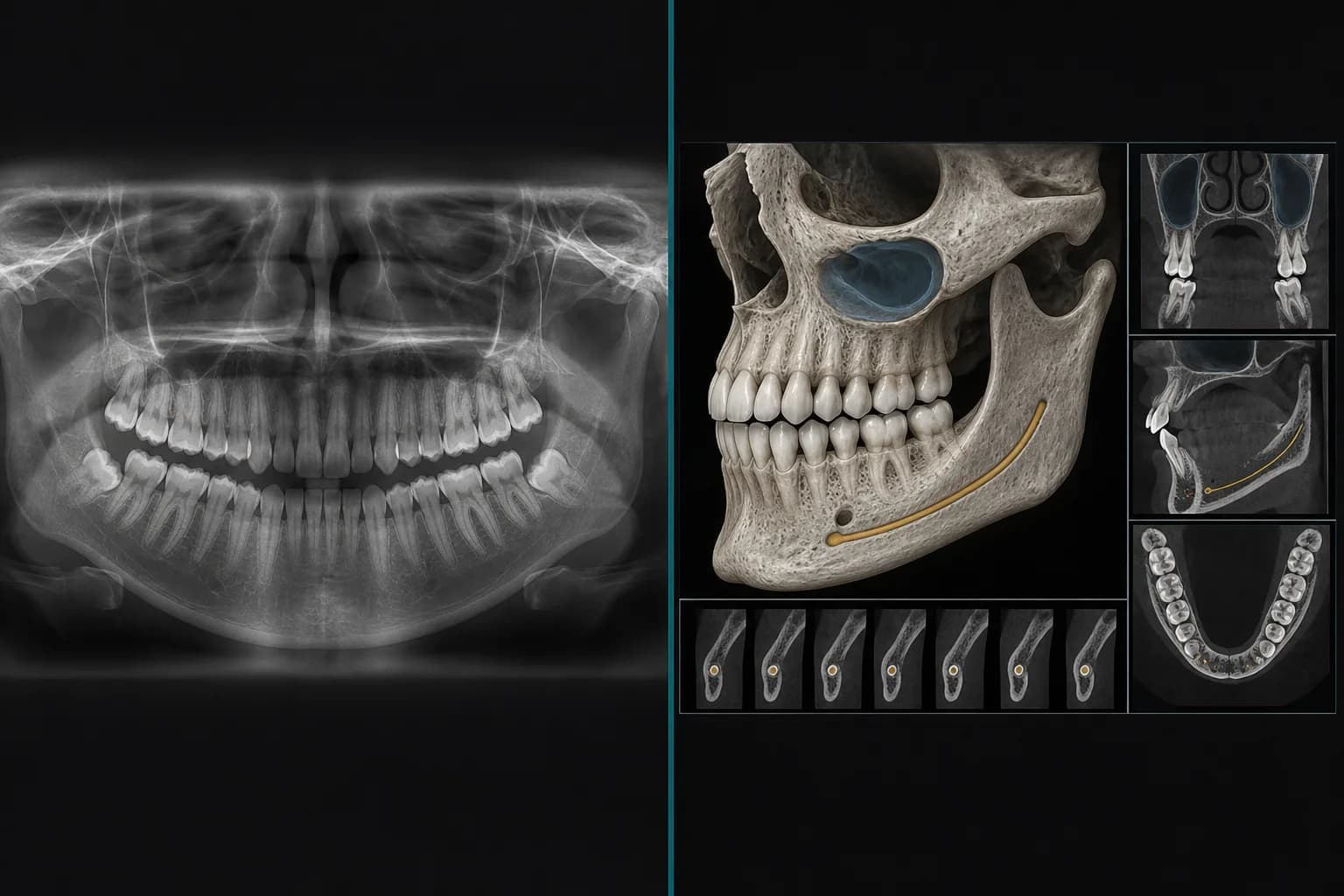 مقایسه شماتیک خروجی دوبعدی پانورامیک OPG با نمایش سه‌بعدی و برش‌های مقطعی CBCT